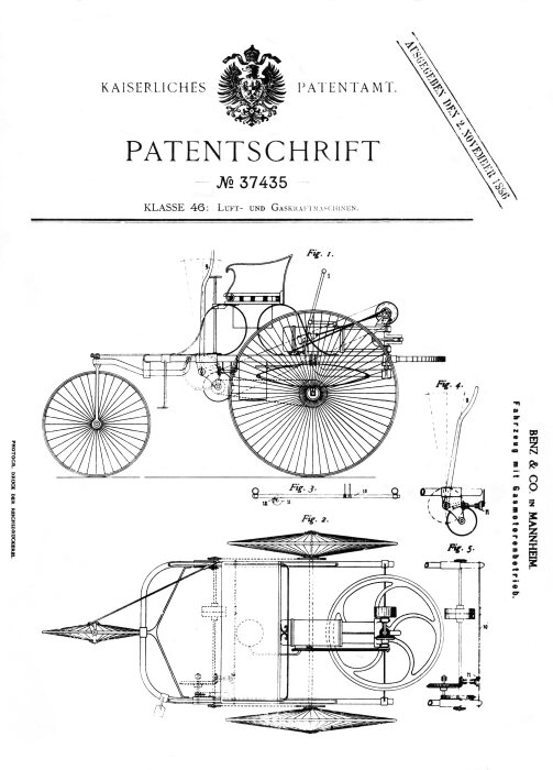 M204746 Patent no. DRP 37435 for the "motorised vehicle powered by a gas engine"