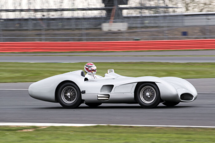 M204808 Lewis Hamilton driving the Mercedes-Benz W 196 R "streamlined" at Silverstone in April 2019