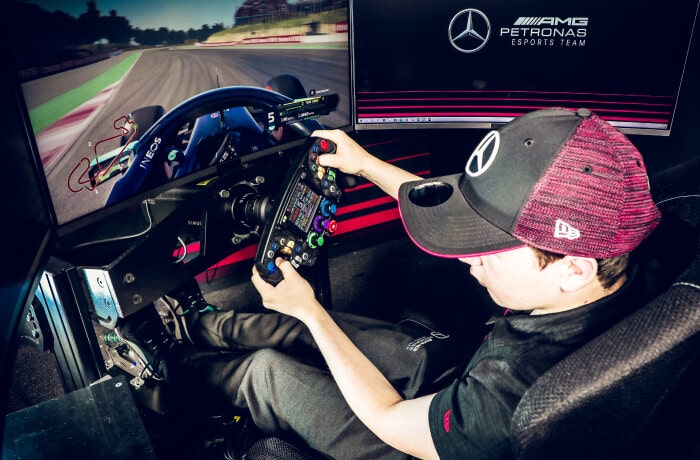 M246162 Brendon Leigh at the Mercedes-AMG Petronas Esports Team training centre, Brackley