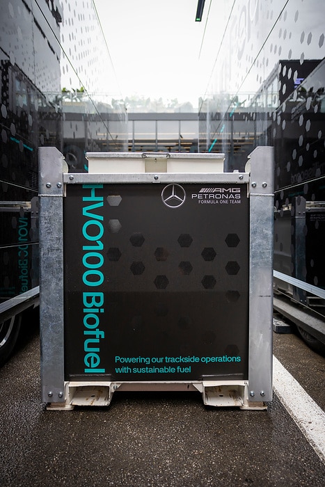 M464062 Mercedes-AMG PETRONAS F1 Team powers 2024 European season on biofuel, achieving 98% coverage in race and marketing trucks and generators, saving over 500 tonnes of CO2e.