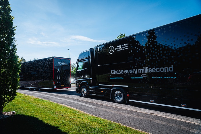 M464064 Mercedes-AMG PETRONAS F1 Team powers 2024 European season on biofuel, achieving 98% coverage in race and marketing trucks and generators, saving over 500 tonnes of CO2e.