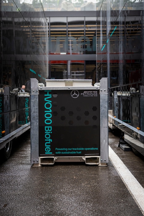 M464066 Mercedes-AMG PETRONAS F1 Team powers 2024 European season on biofuel, achieving 98% coverage in race and marketing trucks and generators, saving over 500 tonnes of CO2e.