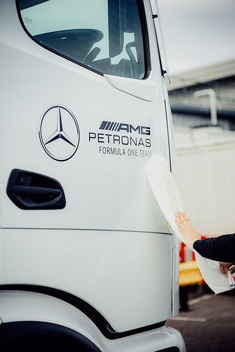M530422 Mercedes-AMG PETRONAS F1 Team uses Electric Power to transport W16 Cars to 2025 Dutch Grand Prix